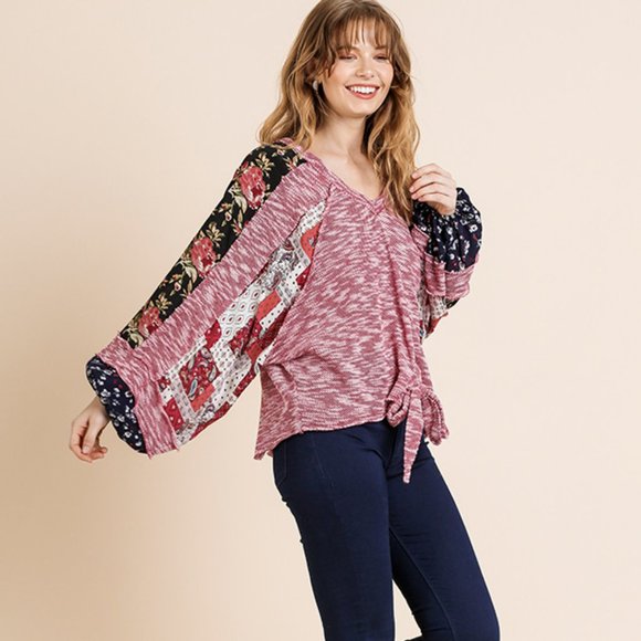 Umgee Top Size S M L Floral Long Puff Sleeve Knit V-Neck - Picture 2 of 6